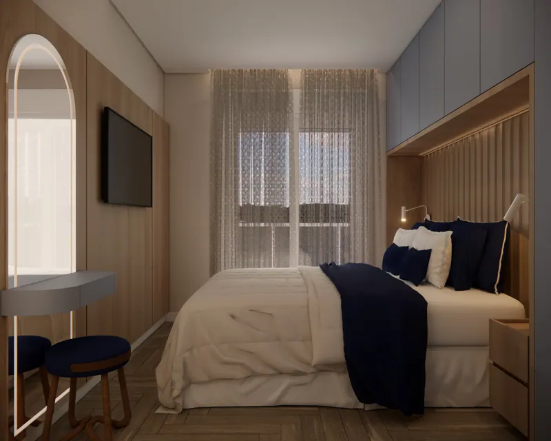Quarto de casal com 10 m² em apartamento em Taquara, RS: ambiente projetado pela Corgê Arquitetura (imagem 2 de 7)