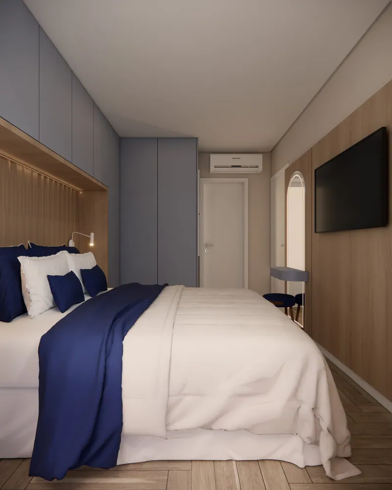 Quarto de casal com 10 m² em apartamento em Taquara, RS: ambiente projetado pela Corgê Arquitetura (imagem 6 de 7)
