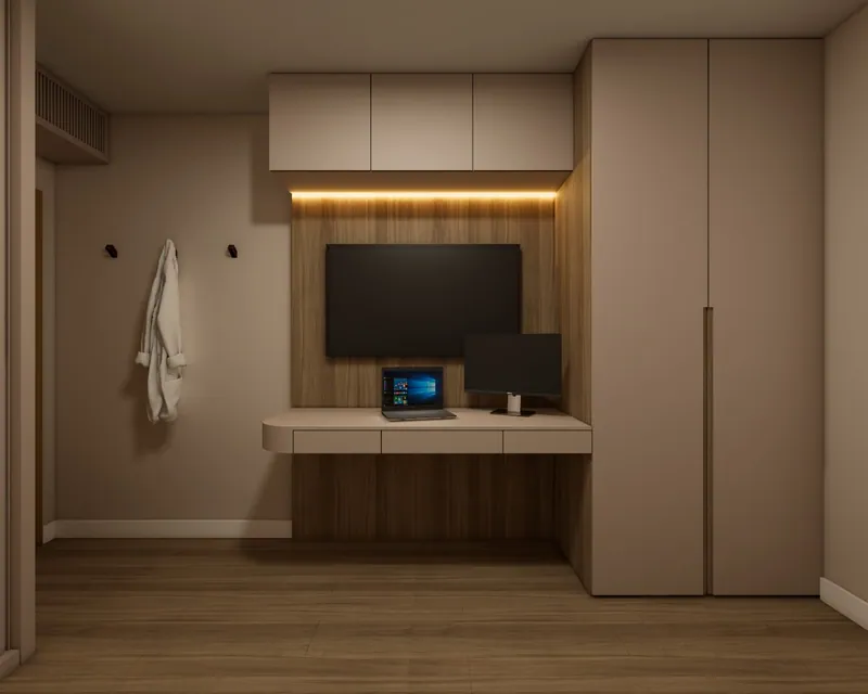 Quarto de casal com Home Office, 14 m² em residência em Taquara, RS: ambiente projetado pela Corgê Arquitetura (imagem 2 de 7)