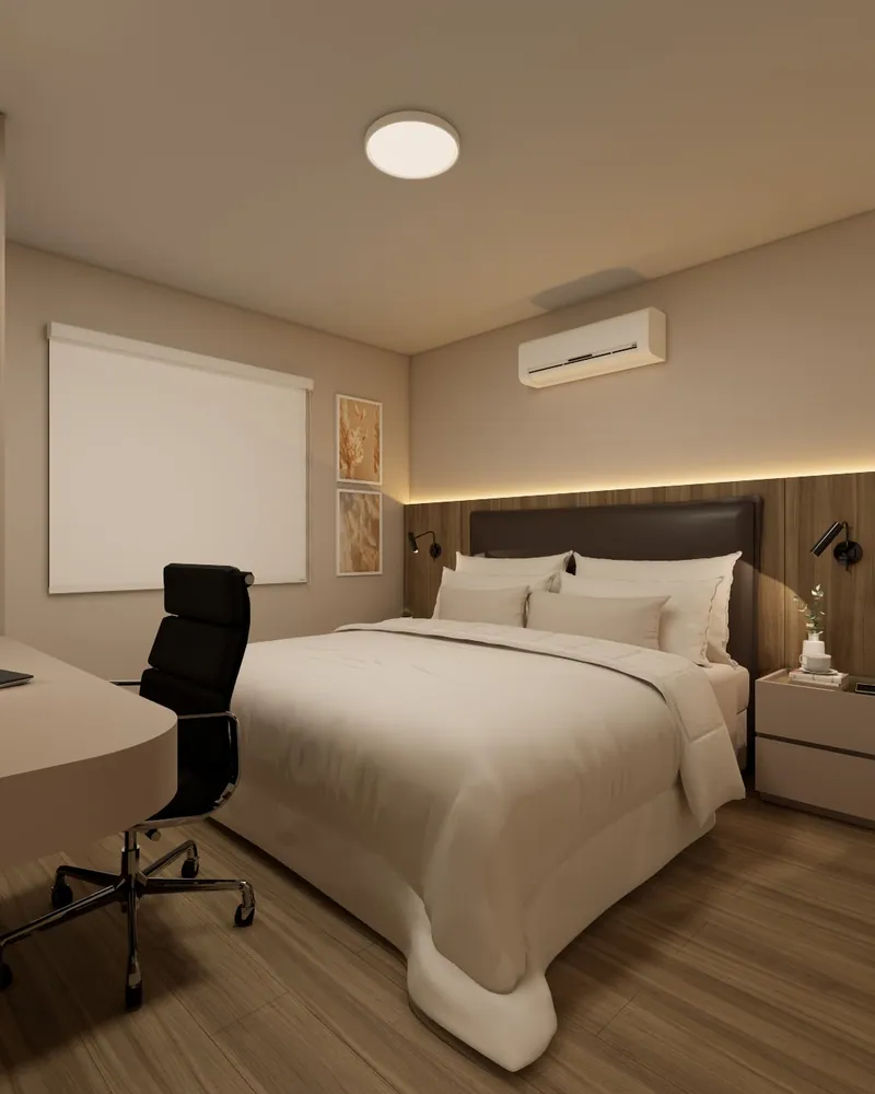 Quarto de casal com Home Office, 14 m² em residência em Taquara, RS: ambiente projetado pela Corgê Arquitetura (imagem 3 de 7)
