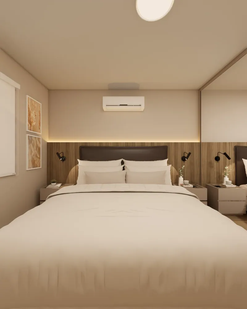 Quarto de casal com Home Office, 14 m² em residência em Taquara, RS: ambiente projetado pela Corgê Arquitetura (imagem 4 de 7)