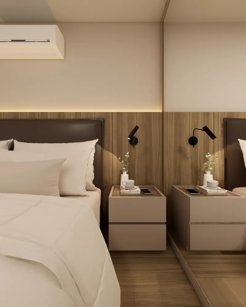 Quarto de casal com Home Office, 14 m² em residência em Taquara, RS: ambiente projetado pela Corgê Arquitetura (imagem 5 de 7)