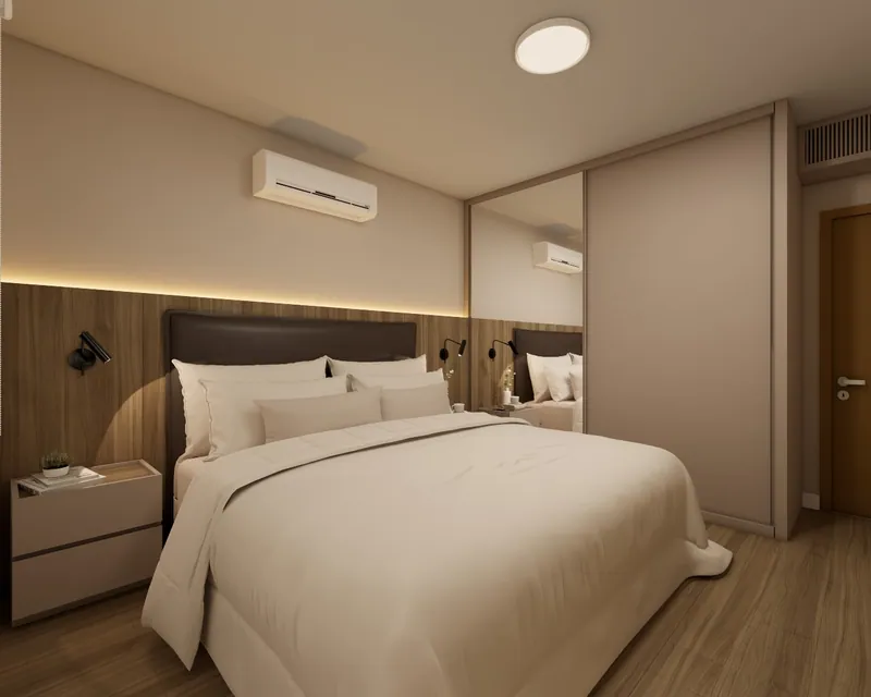 Quarto de casal com Home Office, 14 m² em residência em Taquara, RS: ambiente projetado pela Corgê Arquitetura (imagem 6 de 7)