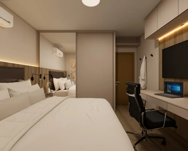 Quarto de casal com Home Office, 14 m² em residência em Taquara, RS: ambiente projetado pela Corgê Arquitetura (imagem 7 de 7)