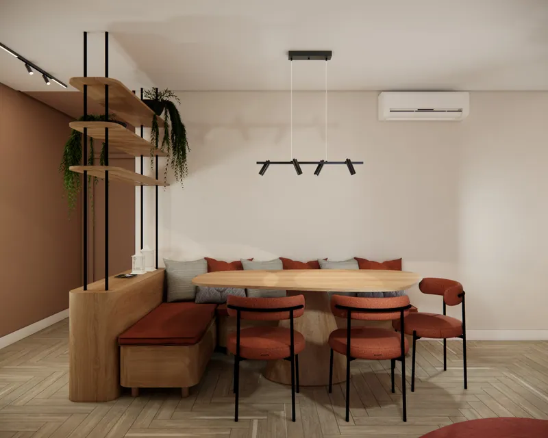 Sala de estar integrada de 30 m² em apartamento em Igrejinha, RS: ambiente projetado pela Corgê Arquitetura (imagem 2 de 10)
