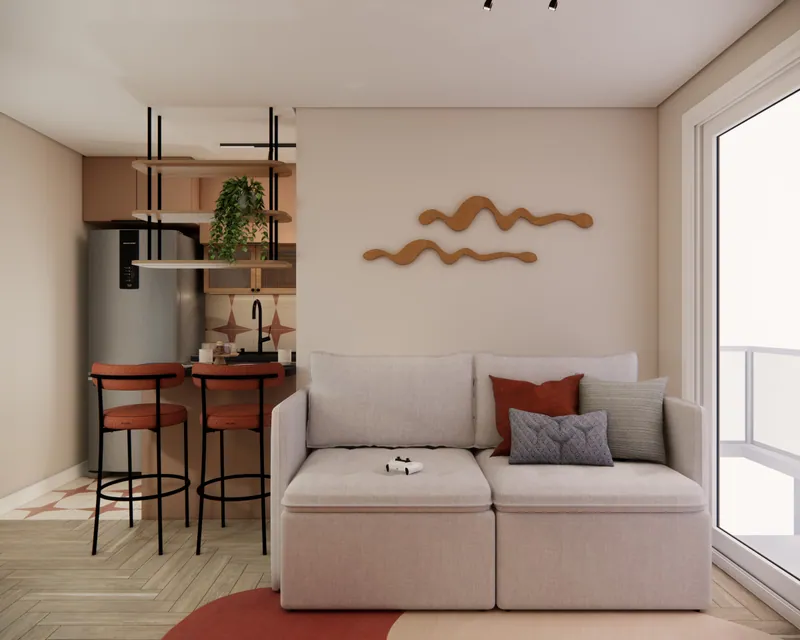 Sala de estar integrada de 30 m² em apartamento em Igrejinha, RS: ambiente projetado pela Corgê Arquitetura (imagem 4 de 10)