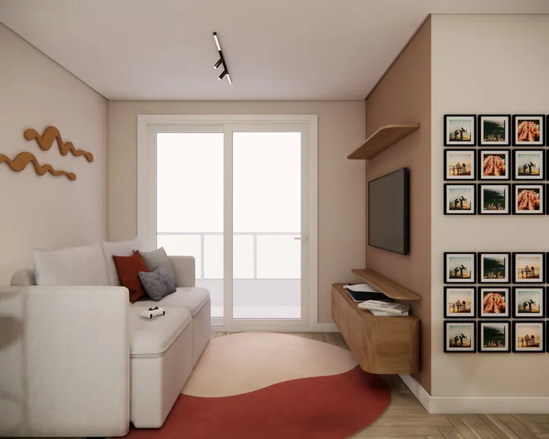 Sala de estar integrada de 30 m² em apartamento em Igrejinha, RS: ambiente projetado pela Corgê Arquitetura (imagem 6 de 10)