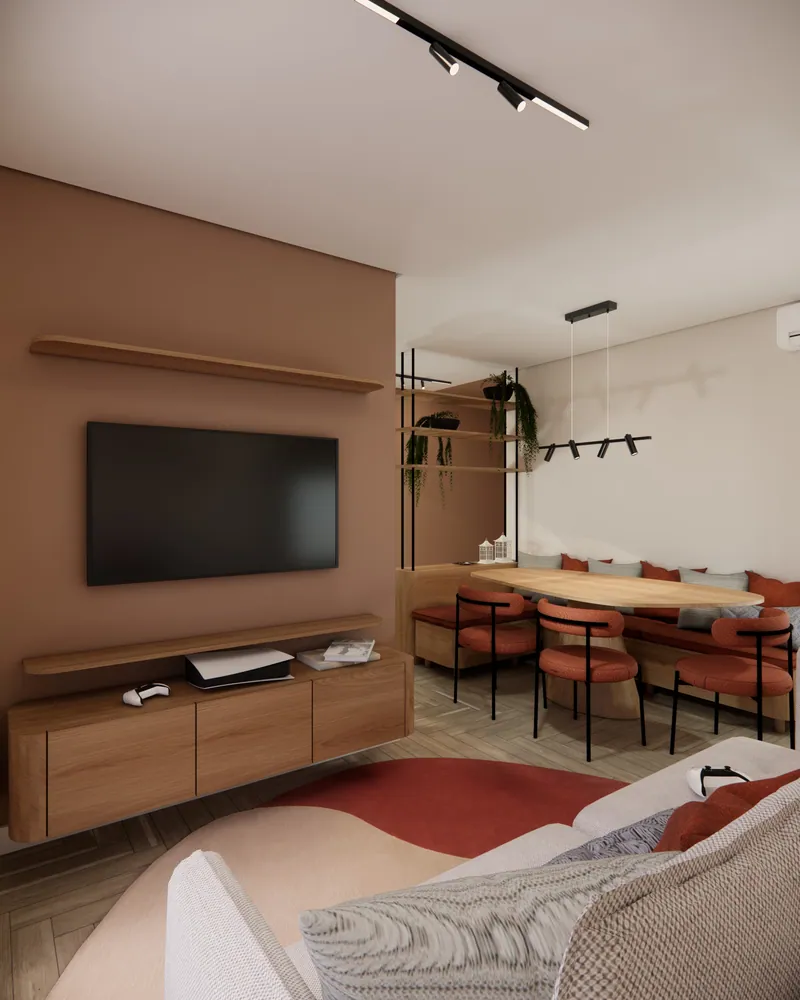 Sala de estar integrada de 30 m² em apartamento em Igrejinha, RS: ambiente projetado pela Corgê Arquitetura (imagem 7 de 10)